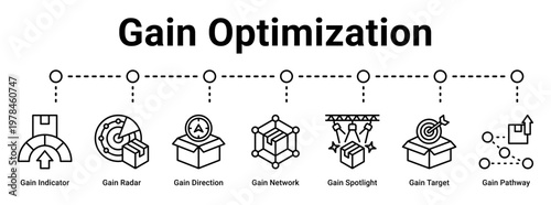 Gain Optimization web banner icon vector illustration concept for business with icon of Gain Indicator, Gain Radar, Gain Direction, Gain Network, Gain Spotlight, Gain Target.