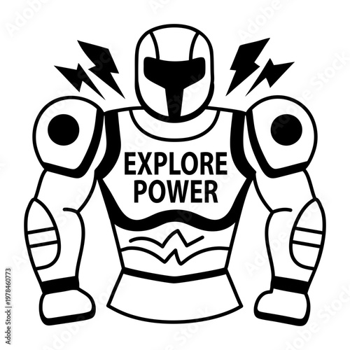 A glyph sticker of an armour character with explore power typography 

