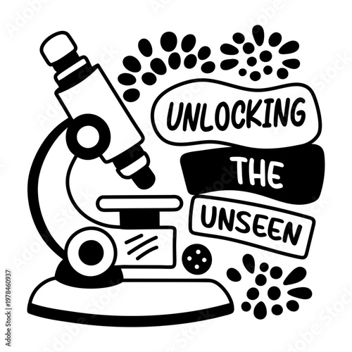 A glyph sticker of a microscope with unlocking the unseen typography 


