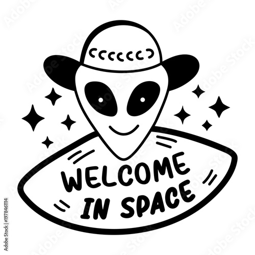 Alien welcome sticker in glyph style 

