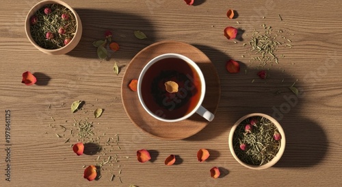 Overhead view of a cup of tea on a wooden surface with decorative elements