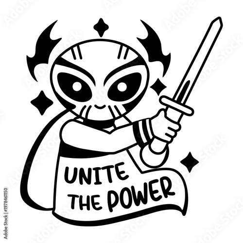 A glyph sticker of an alien flight with unite the power typography 

