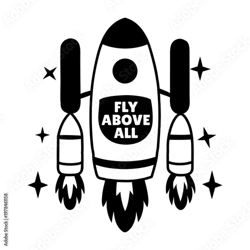 A glyph sticker of a spacecraft with fly above all typography 

