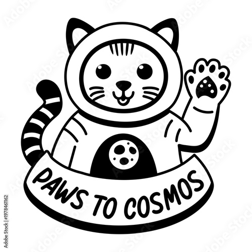 A glyph sticker of a space cat with paws to cosmos typography 

