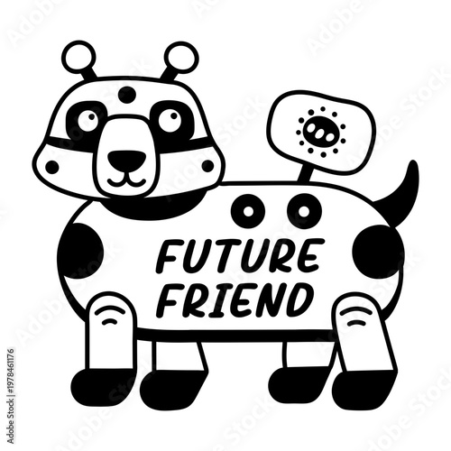 A glyph sticker of a robot dog with future friend typography 

