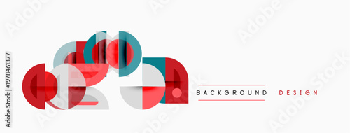 Abstract geometric shapes overlap, creating modern design. Red, blue, pink hues dominate composition. Minimalist style, clean lines present.