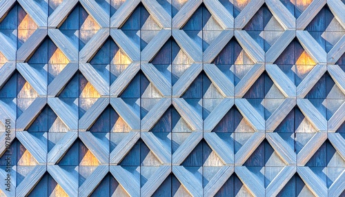 Abstract geometric pattern of weathered wooden slats with strong light and shadow
