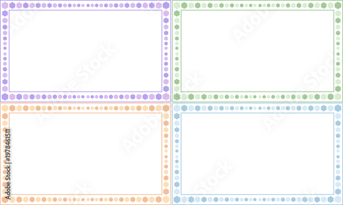 六角形の幾何学模様フレームセット 4色のパステルカラー／Geometric hexagon frame set with four color variations: lavender, mint green, apricot, and sky blue.
