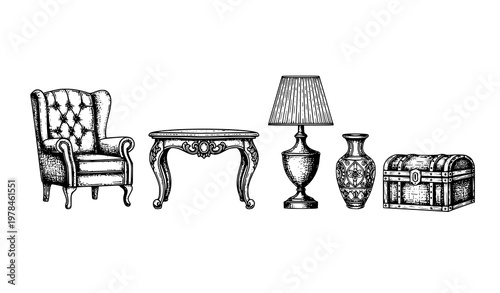 Engraved style furniture sketch vector set vintage home decor detailed line art isolated on white background