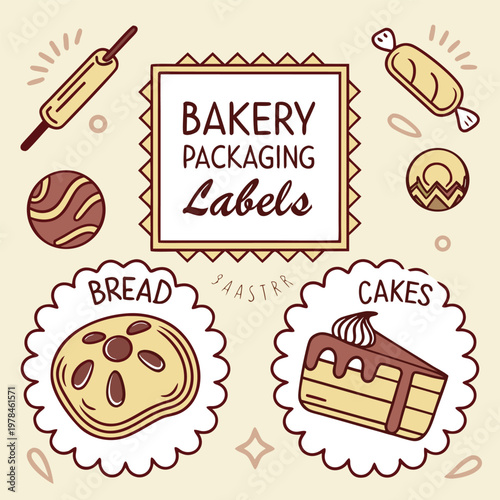 Hand drawn bakery packaging labels and icons with packaging rollingpin handmade bakingsupplies sweetness homemade confectionery pastries branding
