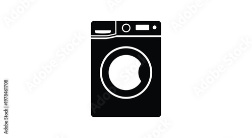 Simple black silhouette of a front loading washing machine displayed on white background
