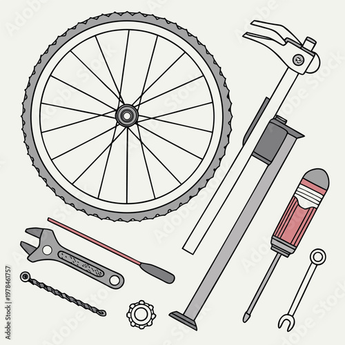 Bicycle repair parts and maintenance tools set with maintenance screwdriver mechanic hardware technical workshop transportation assembly equipment components