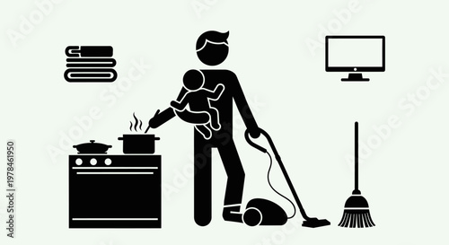 Woman cleaning with baby in arms.