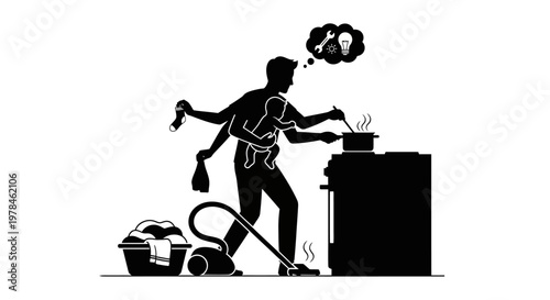 Man juggling cleaning tools chaotic scene.