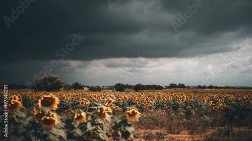 Dark Storm Clouds Over Vibrant Sunflower Field Landscape Scene