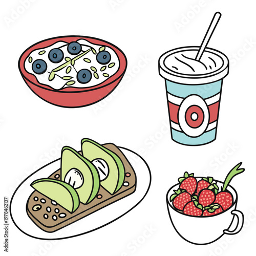 Collection of healthy breakfast food illustrations a bowl of oatmeal with blueberries a yogurt cup avocado toast a cup filled with fresh strawberries breakfast strawberries blueberries nutrition