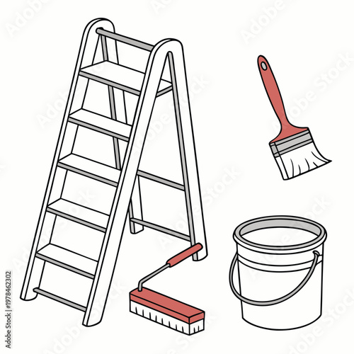 A-frame stepladder with painting supplies including a paint bucket roller brush for home renovation and decoration projects home improvement line art stepladder painting renovation
