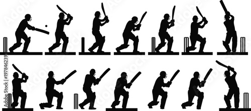 Collection of black silhouette cricket players batting and wicket in various action poses
