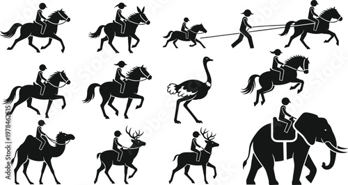 Collection of black silhouette icons depicting people riding various animals and a person walking a horse
