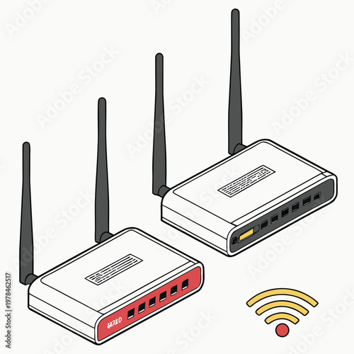 Two wireless wi fi routers with multiple antennas one highlighted with red ports and a visible wi fi signal icon representing internet connectivity and network devices home network line art