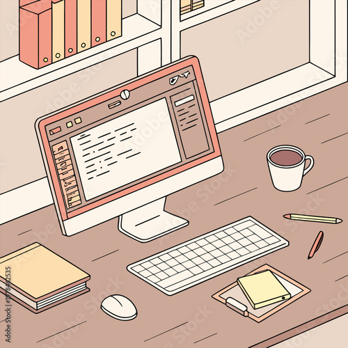 Isometric view of a modern home office desk with desktop computer keyboard mouse coffee mug bookshelf for remote work or study a bookshelf is in the background computer workspace productivity