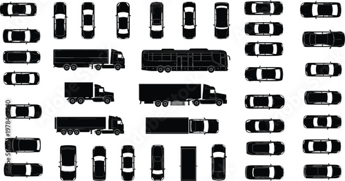 Collection of black silhouette vehicles including cars trucks and bus from top and side views