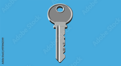 A single silver metal key with a hole at the top rests against a vibrant blue background.