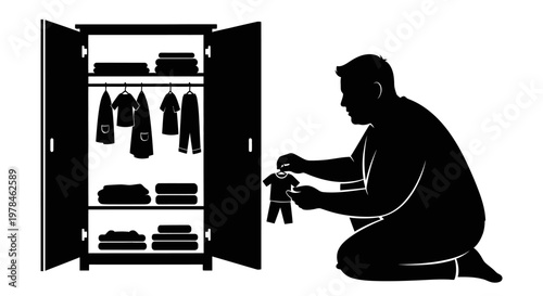 Man Kneeling in Front of Wardrobe.