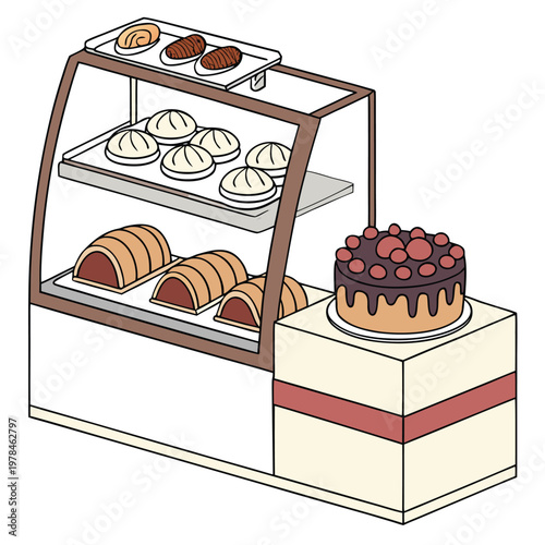 Bakery display case filled with various pastries bread rolls a decorated chocolate cake with berries on a separate stand pastries delicious confectionery chocolate business industry