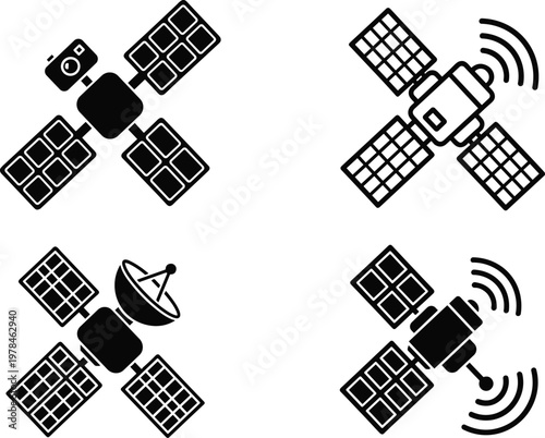 Four black and white icon style satellite illustrations with solar panels and antennas