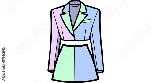 Colorful Patchwork Blazer and Skirt Outfit.