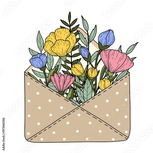 Hand drawn doodle spring flowers envelope and greenery. Rustic vintage illustration for wedding, birthday, woman's day, mother's day greetings.