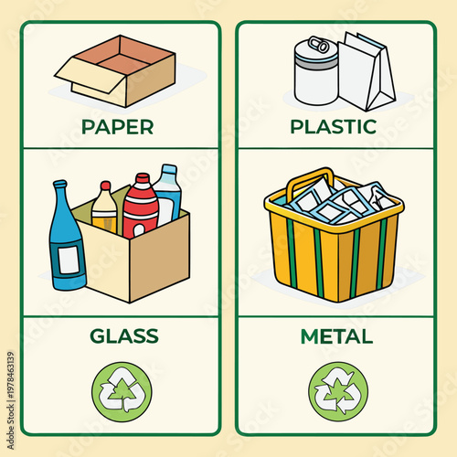 Illustrated guide for waste separation and recycling categorizing items into paper plastic glass metal with corresponding examples and recycling symbols eco friendly recycling separation pollution