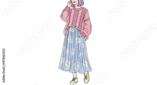 Woman in pink sweater and skirt.