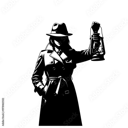 Silhouette of a Woman in Trench Coat Holding a Lantern.