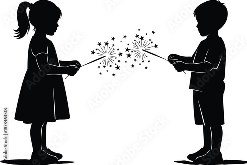 Silhouette of a girl and boy holding sparklers with starbursts and stars children