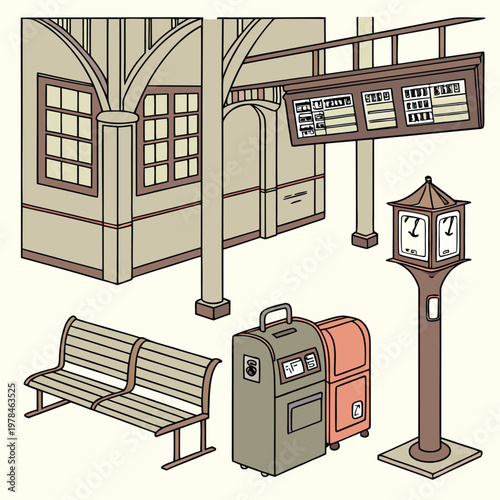 Detailed illustration of a classic train station platform with bench luggage clock information board ready for travelers and departures clock tower departure board old fashioned public transport