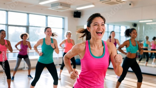 Joyful group of diverse women participating in an energetic cardio aerobics workout class in a bright, sunlit modern fitness studio