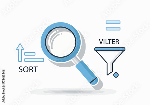 Data analysis process magnifying glass filter and sort icons representing information refinement