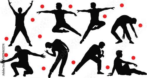 Silhouettes of men in dynamic poses with red circles on white background male person