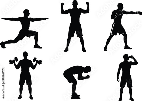 Six black male silhouettes engaged in various fitness activities including yoga boxing weightlifting and drinking