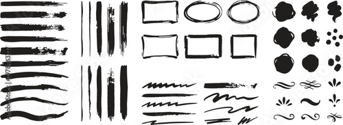 Hand drawn ink brush strokes collection, black paint splatters, frames and decorative swirls