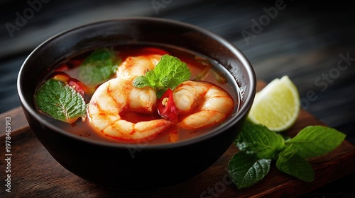 Spicy Shrimp Soup with Fresh Herbs and Lime Slice in Bowl