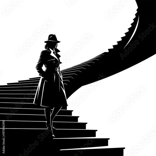 Silhouette of a Woman in Trench Coat on Stairs.
