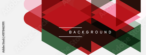 Abstract geometric shapes overlap. Red, green, pink hues dominate design. Text reads BACKGROUND centrally positioned. Modern aesthetic.