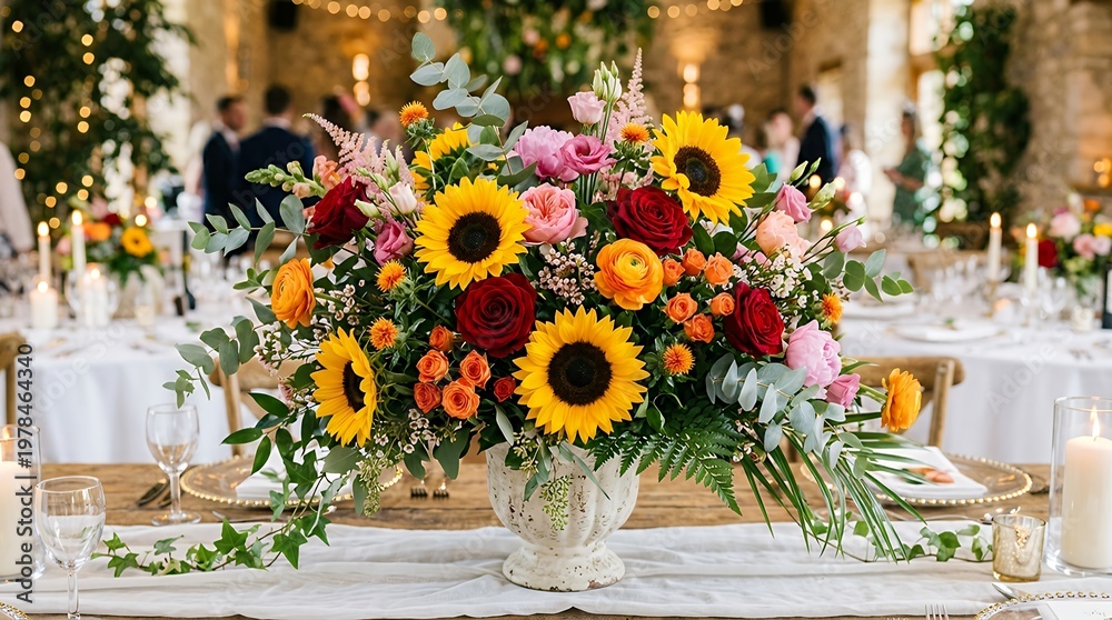 Fototapeta premium Mixed Floral Arrangement for a Wedding Featuring Large Yellow Sunflowers Combined with Red Roses and Accents of Orange and Pink