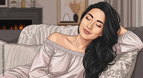 Woman relaxing on a cozy sofa.