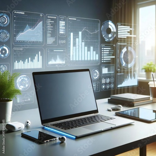 Hight technology Use at home and offices, mobile, laptop and screen in a futuristic way 