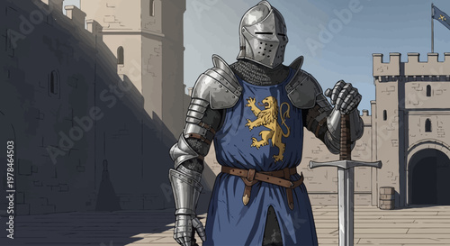 Medieval knight in armor standing guard.