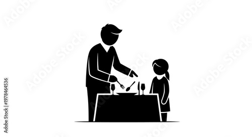 Man serving food to young girl.